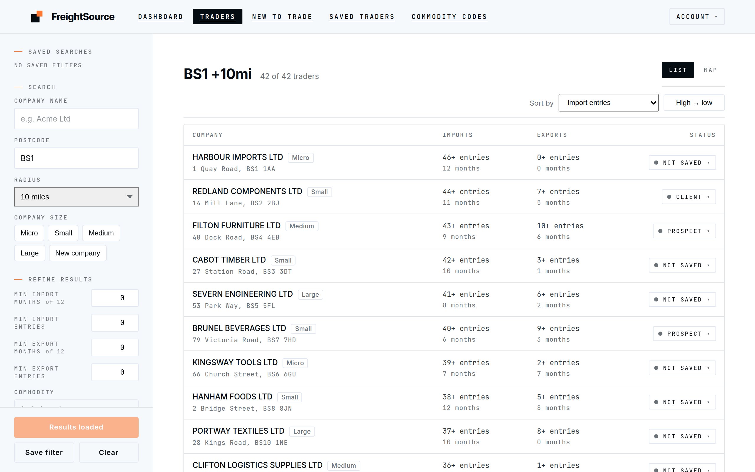 FreightSource trader list: companies near Bristol with their size, import and export activity and pipeline status