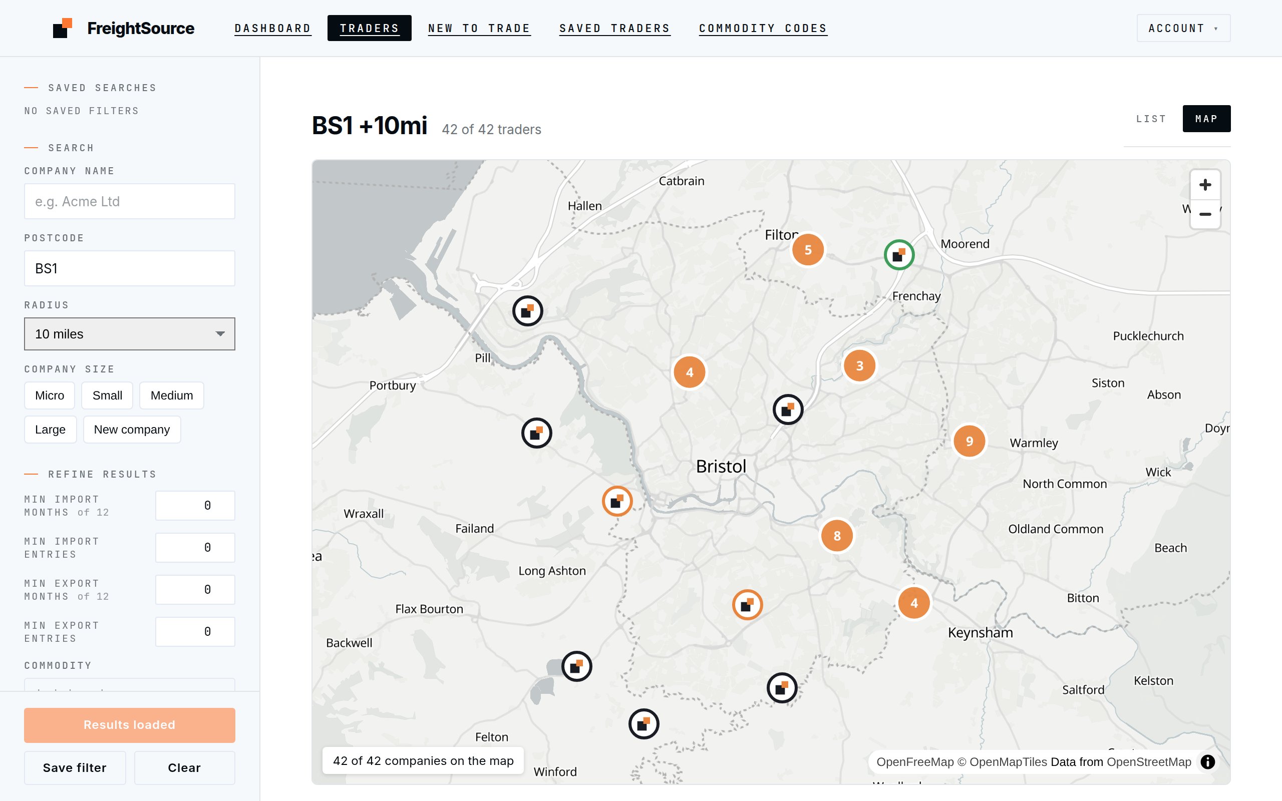The same search shown on a map, with companies pinned and grouped around Bristol