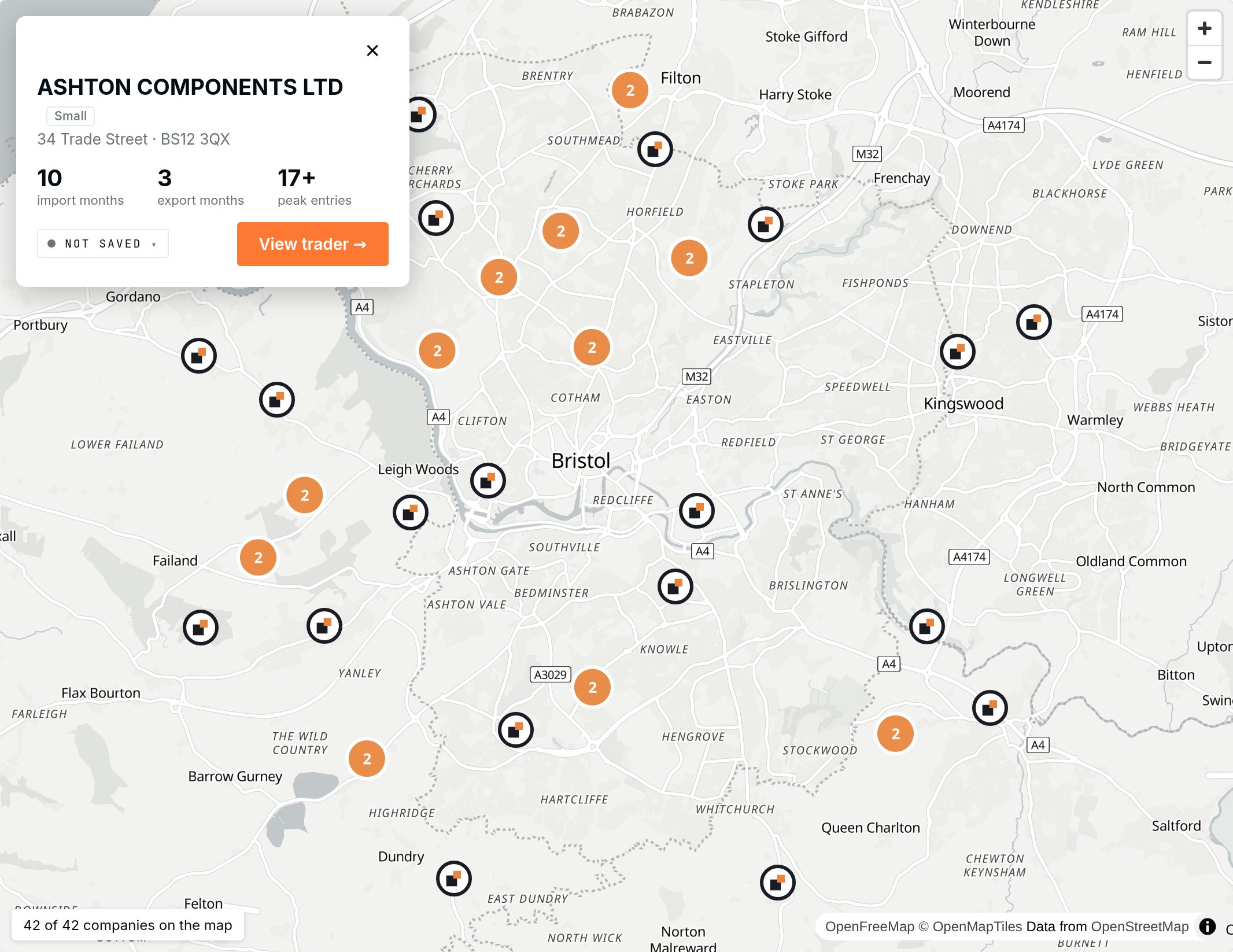 FreightSource map view: companies around Bristol shown as pins and clusters, with a quick-view card open for one company